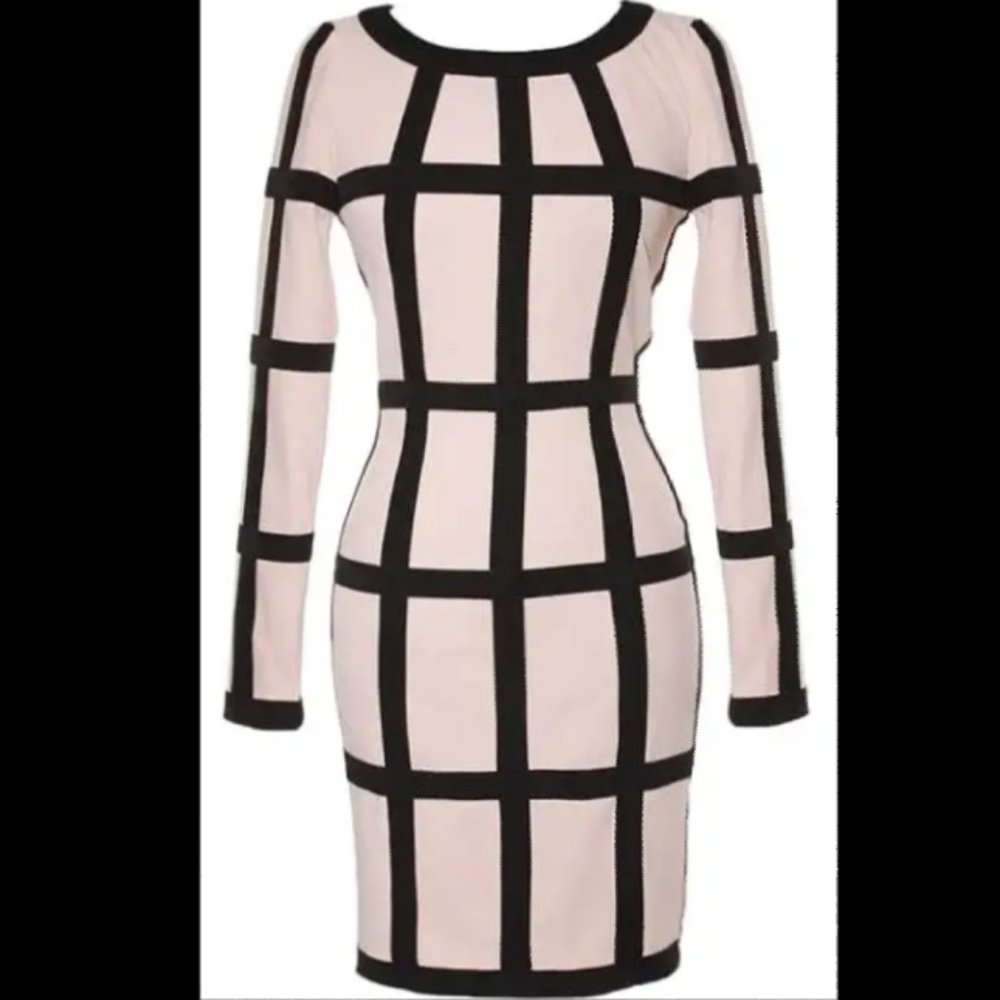 AKIRA Long Sleeve Grid-Stripe Bodycon Dress in Blush and Black
